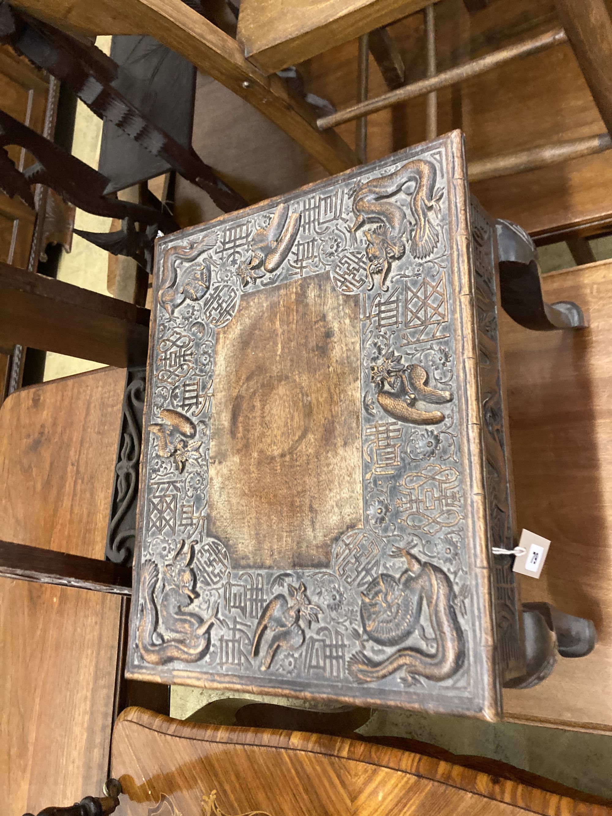 A Burmese carved box seat stool, width 44cm, depth 34cm, height 45cm and a similar two tier plant stand